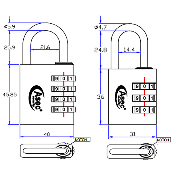 ASEC Coloured Aluminium Open Shackle Combination Padlock