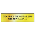 ASEC `No Free Newspapers or Junk Mail` 200mm x 50mm Metal Strip Self Adhesive Sign Gold