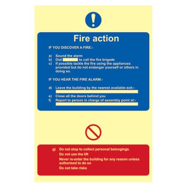 ASEC Photoluminescent Fire Action Procedure Sign 200mm x 300mm