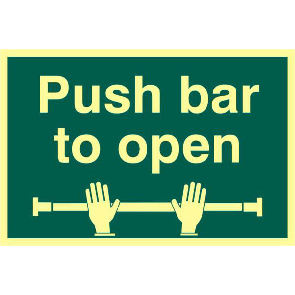 ASEC `Push Bar To Open` 200mm x 300mm PVC Self Adhesive Photo luminescent Sign