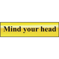 ASEC `Mind Your Head` 200mm x 50mm Gold Self Adhesive Sign