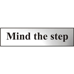 ASEC `Mind The Step` 200mm x 50mm Chrome Self Adhesive Sign