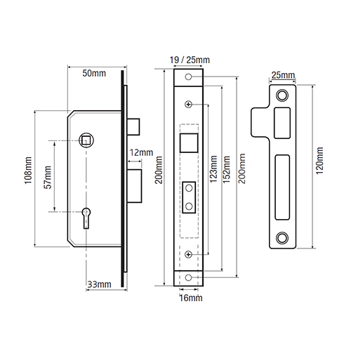 Willenhall M5 Non British Standard 5 Lever 2" Straight 19mm Extended Forend Mortice Sashlock 