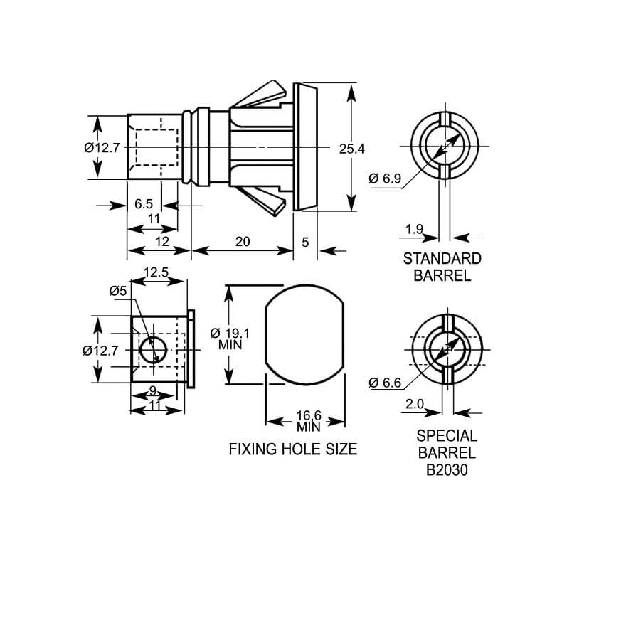 Lowe & Fletcher 1306 Square Face Snap Fix 20mm Body Multi-Drawer Cam Lock