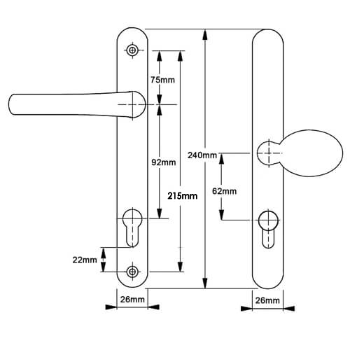 Hoppe Atlanta Lever Moveable Pad UPVC Multipoint Door Handles - 92mm/62mm PZ Sprung 215mm Screw Centres