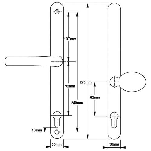 Hoppe London Lever Moveable Pad UPVC Multipoint Door Handles - 92mm/62mm PZ Sprung 240mm Screw Centres