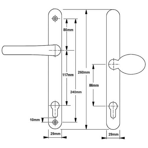 Millenco Lever Moveable Pad UPVC Multipoint Door Handles - 117mm/86mm PZ Sprung 237mm Screw Centres