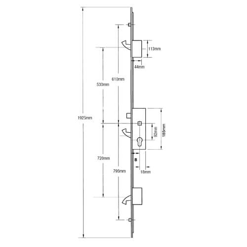 Winkhaus Scorpion Latch 3 Hooks 2 Rollers Split Spindle Multipoint Door Lock -  Option 1 (top hook to spindle = 530mm)