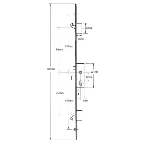 ERA Latch Deadbolt 2 Hooks 2 Rollers Split Spindle Multipoint Door Lock - Option 2 (top hook to spindle = 730mm)
