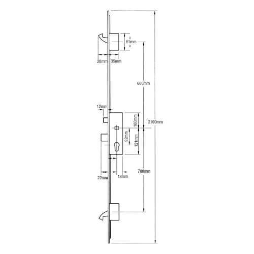 ERA Latch Deadbolt 2 Small Hooks Split Spindle Multipoint Door Lock - Option 3 (top hook to spindle = 680mm)