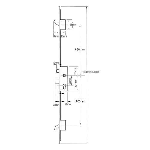 ERA Latch Deadbolt 2 Small Hooks Split Spindle Multipoint Door Lock - 20mm Faceplate - Option 3 (top hook to spindle = 680mm)