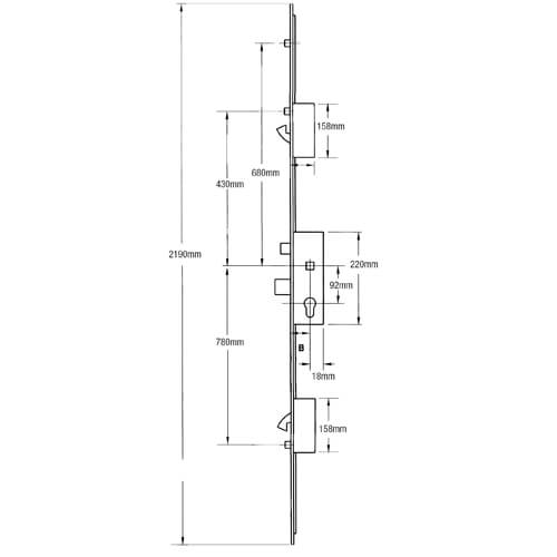 AGB Latch Deadbolt 2 Hooks 3 Rollers Lift Lever Multipoint Door Lock (top hook to spindle = 580mm)