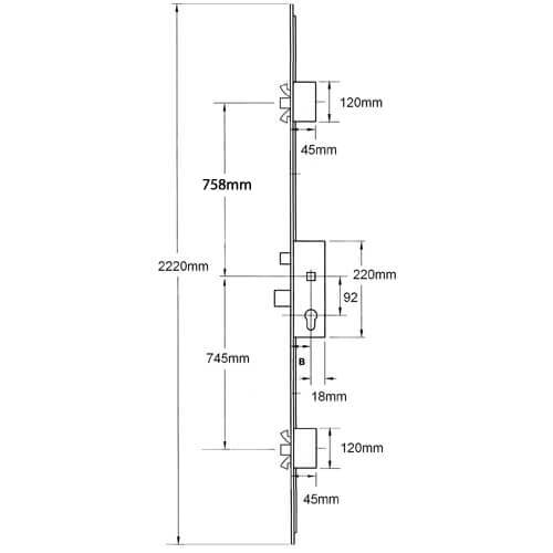 AGB Latch Deadbolt 2 Poseidon Bolts Lift Lever Multipoint Door Lock (distance between Poseidon bolts = 1410mm)