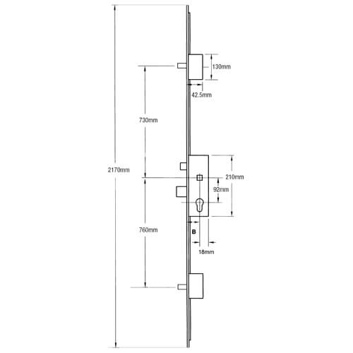 KFV Latch Deadbolt 2 Pin Bolts Lift Lever Multipoint Door Lock (top pin to spindle = 730mm)