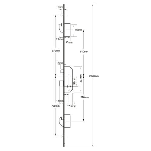 Mila Latch Deadbolt 2 Rollers 2 Hooks Lift Lever Multipoint Door Lock (top hook to spindle = 510mm)