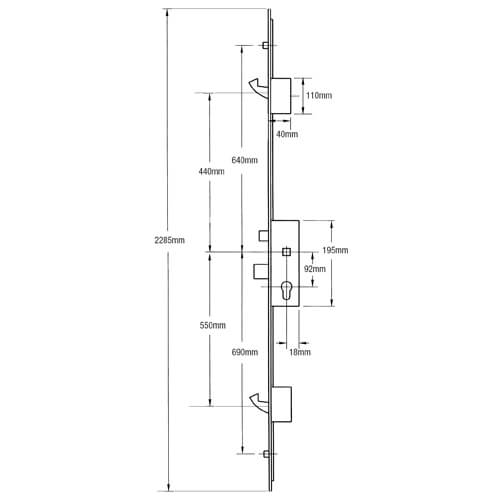 GU Europa Latch Deadbolt 2 Hooks 2 Outboard Rollers Split Spindle Multipoint Door Lock (top hook to spindle = 440mm)