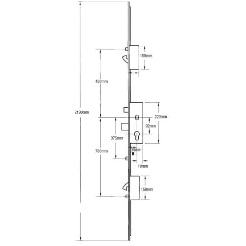 AGB Latch Deadbolt 2 Hooks 3 Rollers Lift Lever Multipoint Door Lock (top hook to spindle = 330mm)