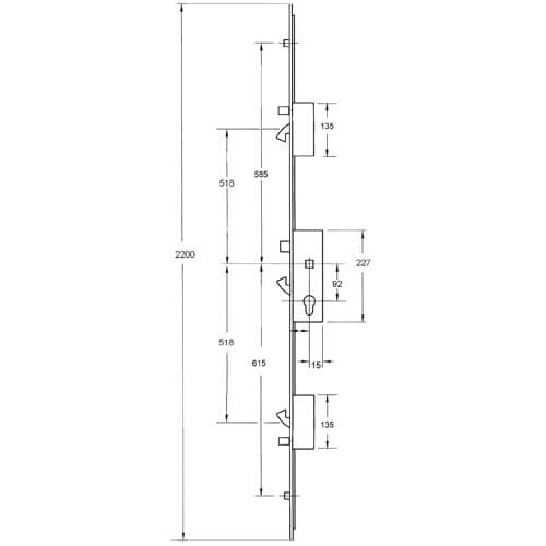 Fullex XL Latch 3 Hooks 2 Anti Lift Pins 2 Rollers Multipoint Door Lock - Option 1 (top hook to spindle = 518mm)