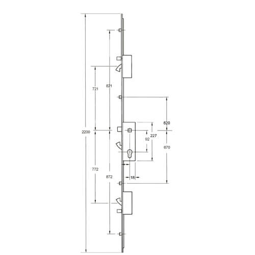 Fullex XL Latch 3 Hooks 2 Anti-Lift Pins 4 Rollers Multipoint Door Lock (top hook to spindle = 721mm)