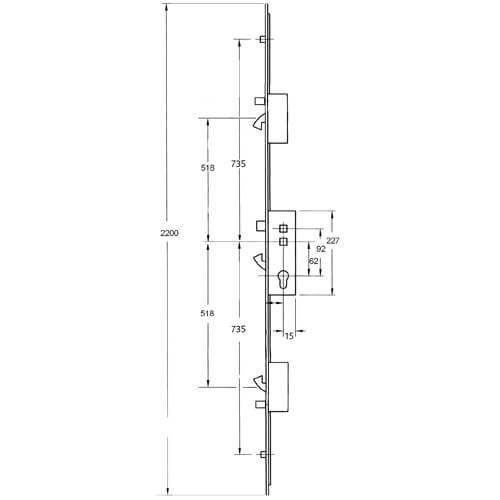 Fullex XL Latch 3 Hooks 2 Anti Lift Pins 2 Rollers Multipoint Door Lock - Option 1 (top hook to spindle = 518mm)