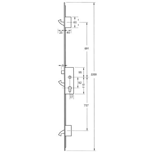Yale YS170 Latch 3 Hooks 16mm Square Faceplate Multipoint Door Lock - Option 1 (top hook to spindle = 691mm)
