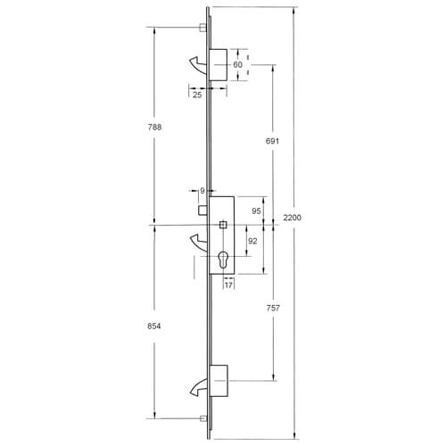 Yale YS170 Latch 3 Hooks 2 Rollers 16mm Square Faceplate Multipoint Door Lock - 2200mm 