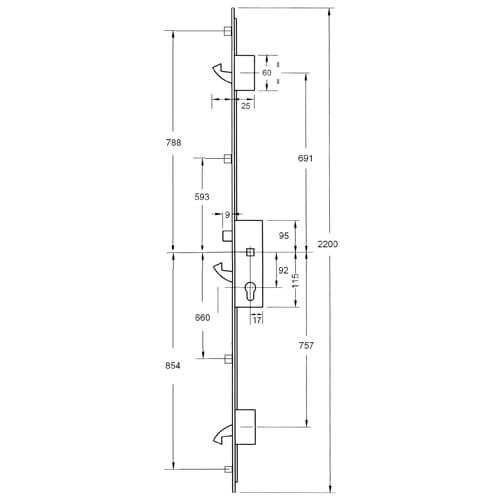 Yale YS170 Latch 3 Hooks 4 Rollers Split Spindle Multipoint Door Lock