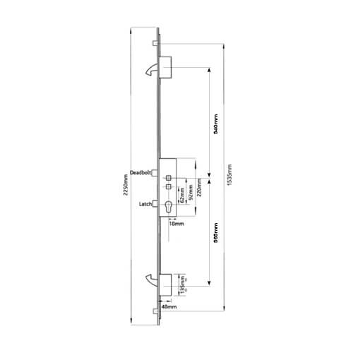 Avantis Latch Deadbolt 2 Hooks 2 Rollers Double Spindle Multipoint Door Lock (top hook to spindle = 540mm) - Shootbolt Compatible