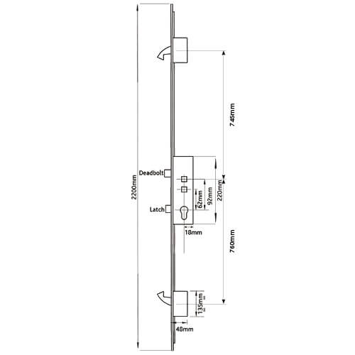 Avantis Latch Deadbolt 2 Hooks Double Spindle Multipoint Door Lock (top hook to spindle = 740mm) - Shootbolt Compatible