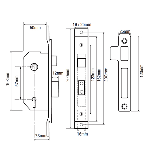 Willenhall M5 Non British Standard 5 Lever 2" Cranked 19mm Extended Forend Mortice Sashlock 