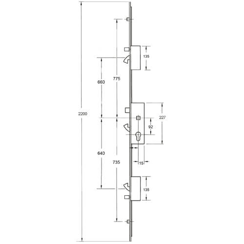 Fullex XL Latch 3 Hooks 2 Anti Lift Pins 2 Rollers Multipoint Door Lock - Option 2 (top hook to spindle = 660mm)