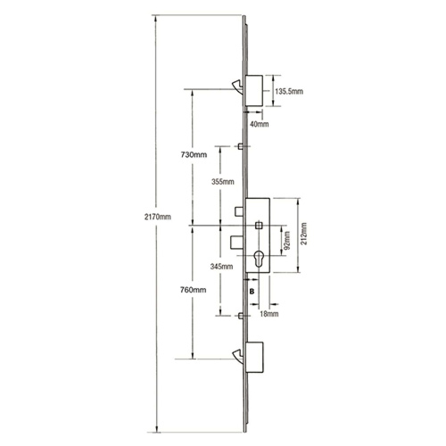 Fuhr Latch Deadbolt 2 Rollers 2 Hooks Key Wind Operated Multipoint Door Lock (top hook to spindle = 730mm)