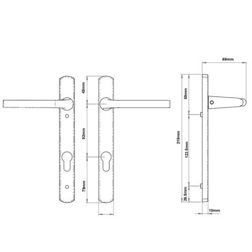Straight Lever Lever UPVC Multipoint Door Handles -  92mm PZ Unsprung 122mm Screw Centres