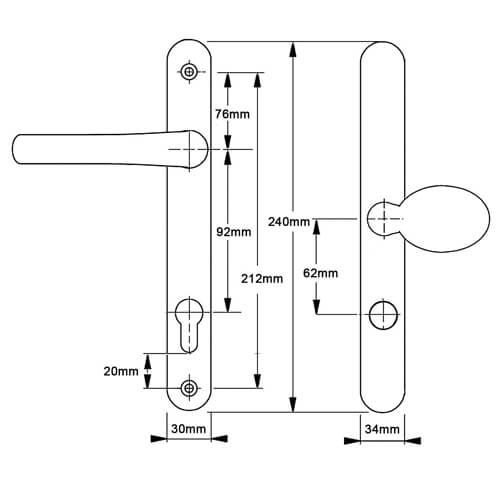 Mila Pro Secure TS007 2* Lever Moveable Pad UPVC Multipoint Door Handles - 92/62mm PZ Sprung 212mm Screw Centres