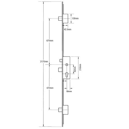 Weru Latch 3 Deadbolts Key Wind Multipoint Door Lock - Option 2 (top deadbolt to spindle = 670mm)