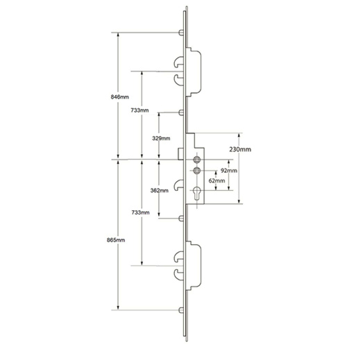 Ingenious Duplex Latch 5 Hook 4 Roller Multipoint Door Lock - Double Spindle 16mm Faceplate Option 2 (top hook to spindle = 733mm)