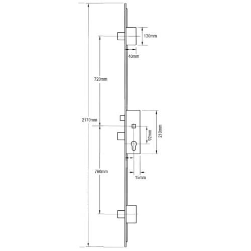 Sobinco Latch 3 Drop Bolts Key Wind Operated Multipoint Door Lock - U-Rail 22mm Faceplate