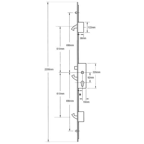 Vitawin Latch 3 Hooks 2 Rollers Double Spindle Multipoint Door Lock (top hook to spindle = 610mm)