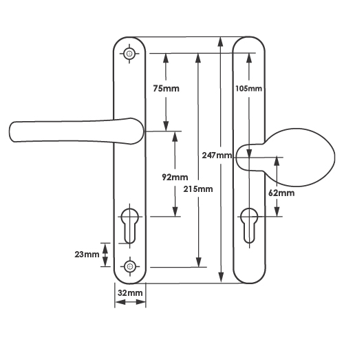 TSS Lever Moveable Pad Offset UPVC Multipoint Door Handles - 92/62mm PZ - Sprung - 215mm Screw Centres