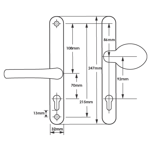 TSS Lever Moveable Pad Offset UPVC Multipoint Door Handles - 70/92mm PZ - Sprung - 215mm Screw Centres
