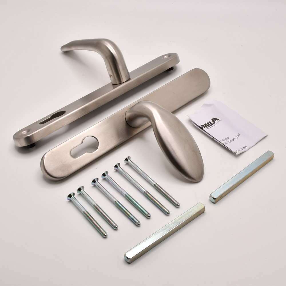 TSS Grade 304 Stainless Steel Lever Moveable Pad Offset UPVC Multipoint Door Handles - 92/62mm PZ Sprung 210mm Screw Centres