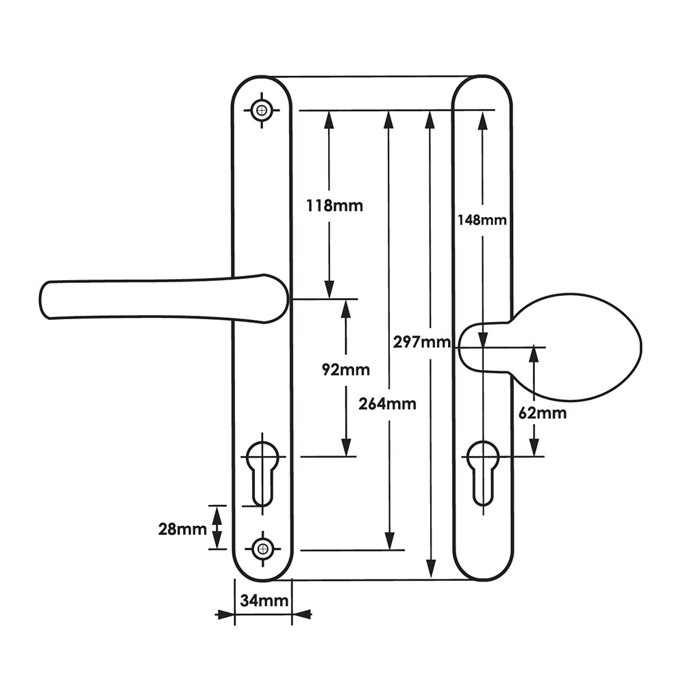 TSS Universal Lever Moveable Pad Offset UPVC Multipoint Door Handles - 92/62mm PZ - Sprung - 264mm Screw Centres