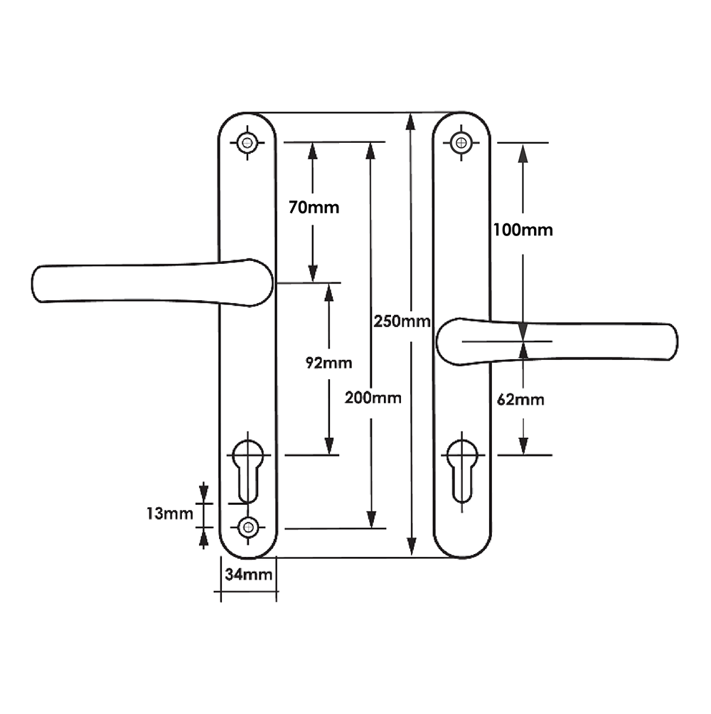TSS Offset Lever Lever Multipoint Door Handles 92/62mm PZ - Sprung - 200mm Screw Centres