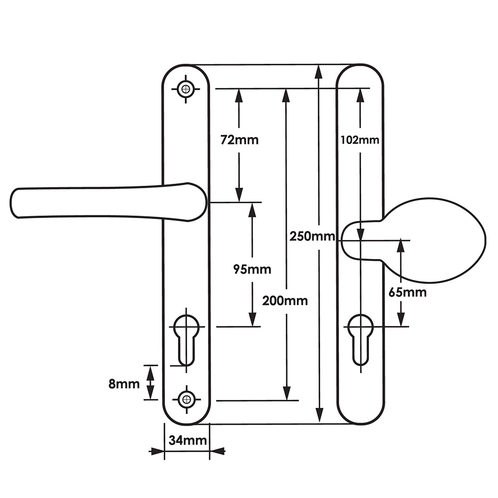 TSS Offset Lever Moveable Pad Multipoint Door Handles - 95/65mm PZ - Sprung - 200mm Screw Centres