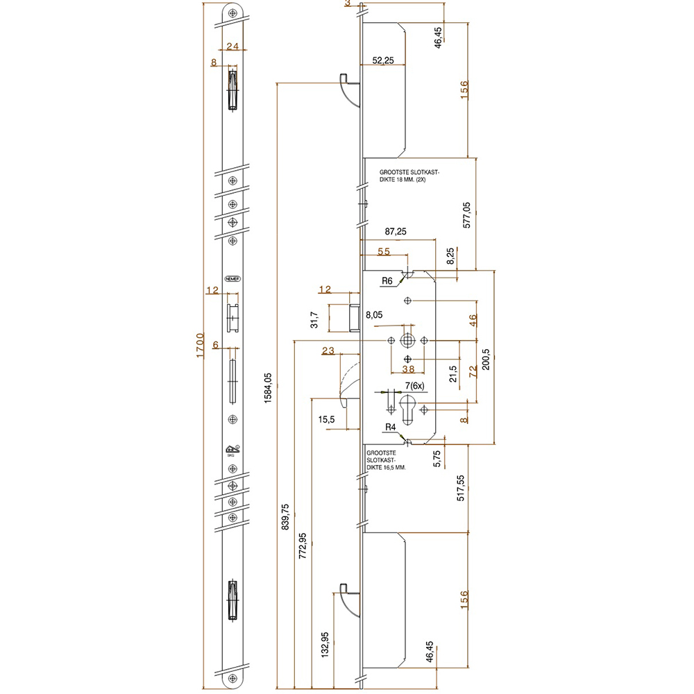 Nemef 4923 Latch 3 Hookbolts Keywind Multipoint Door Lock