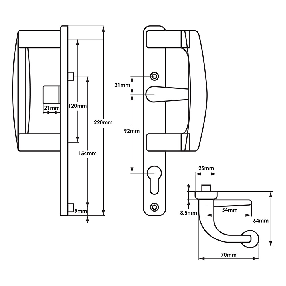 TSS Patio Handle Set For Patio Doors - 92mm PZ - 154mm Screw Centres