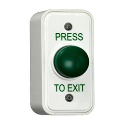 CQR AEB18 Surface Mounted Narrow Plastic Green Dome Button - Legend "Press To Exit" (LEAD TIME: 2-3 DAYS)