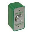 CQR AEB25 Surface Mounted Narrow Exit Button - Legend "Press To Exit" - Stainless Steel / Green Back Box (LEAD TIME: 2-3 DAYS)