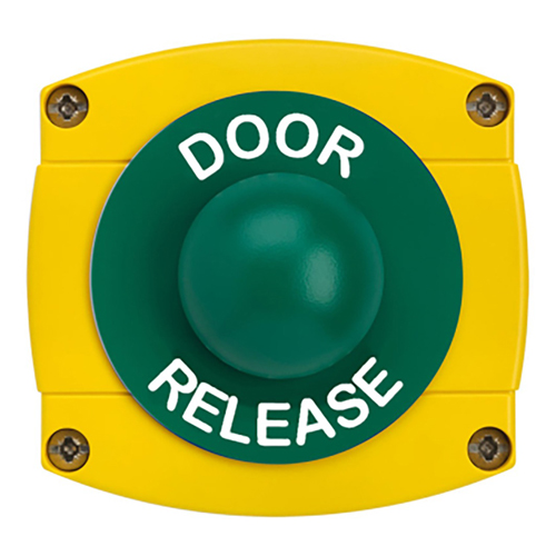 CQR AEB43 IP66 Yellow/Green Surface Box With Momentary Green Dome - Legend "Door Release" (LEAD TIME: 2-3 DAYS)